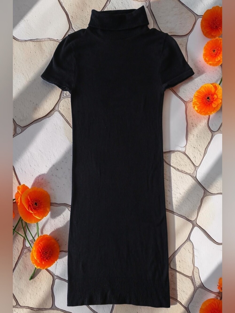 Vintage 1990's bebe Short-Sleeve Knit Ribbed Turtleneck Little Black Midi Dress